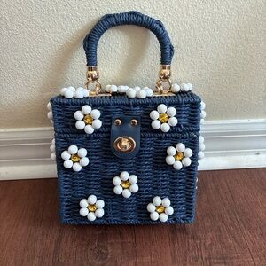 By Jenna Lee Blue Woven Box Bag Top Handle Daisy Beaded Gold Hardware